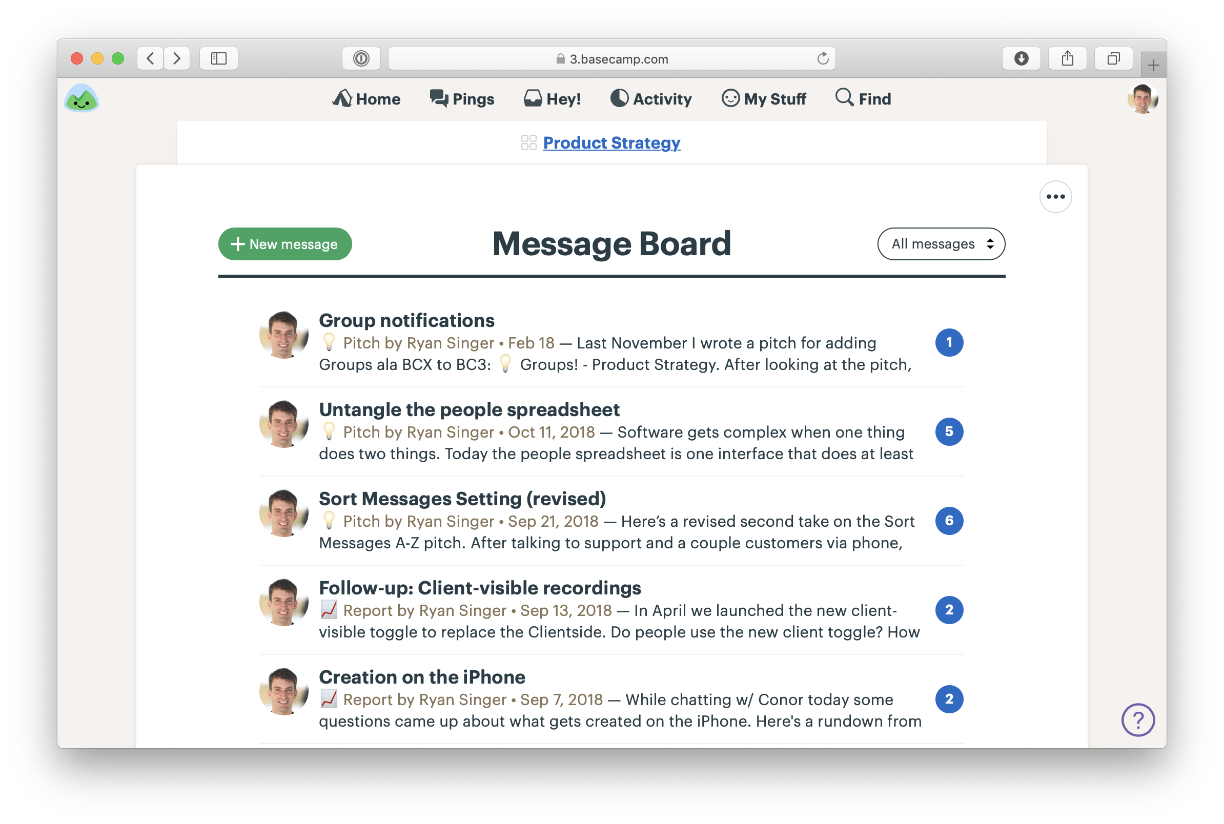A screenshot of a Message Board in a Basecamp team called Product Strategy. Five Pitches appear in the list.